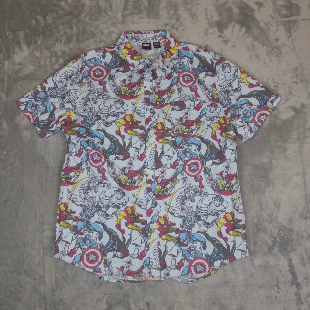 Marvel Button Down Shirt Mens Large White Avengers Comic Print Short Sleeve Tee